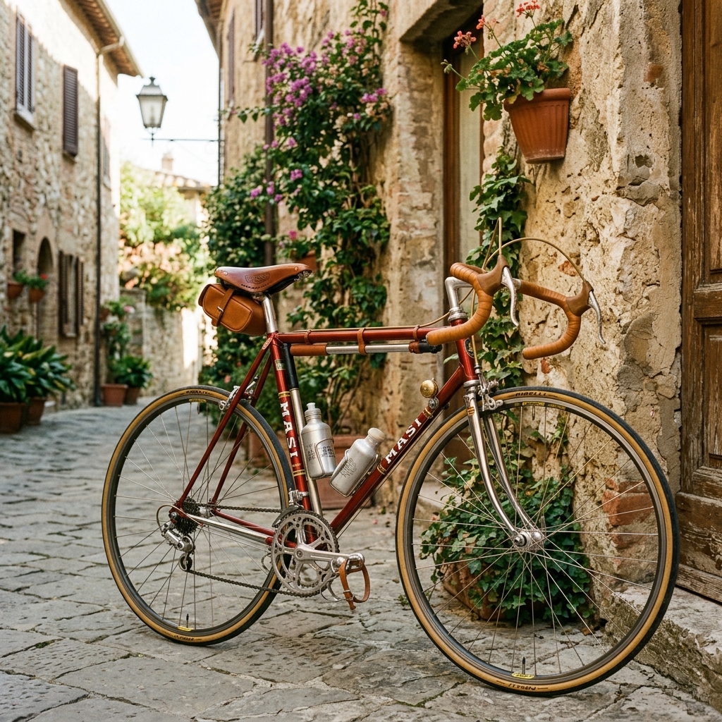 Vintage Italian road bike against a stone wall