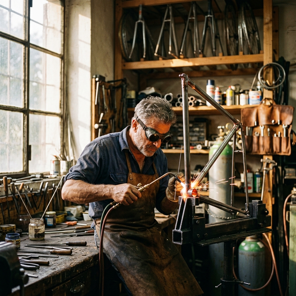 Italian framebuilder brazing a steel bicycle